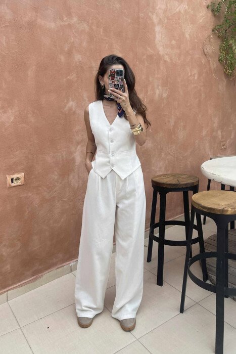 ONE COLOR SIMPLE VEST+TROUSERS WOMEN SET CREAM/KREM - KLAUDIO FASHION