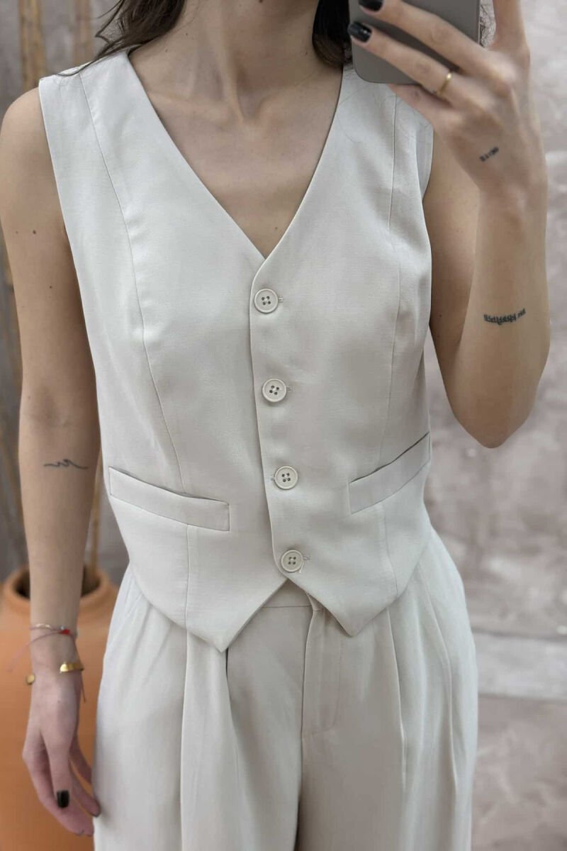 ONE COLOR SIMPLE VEST+TROUSERS WOMEN SET CREAM/KREM - 7