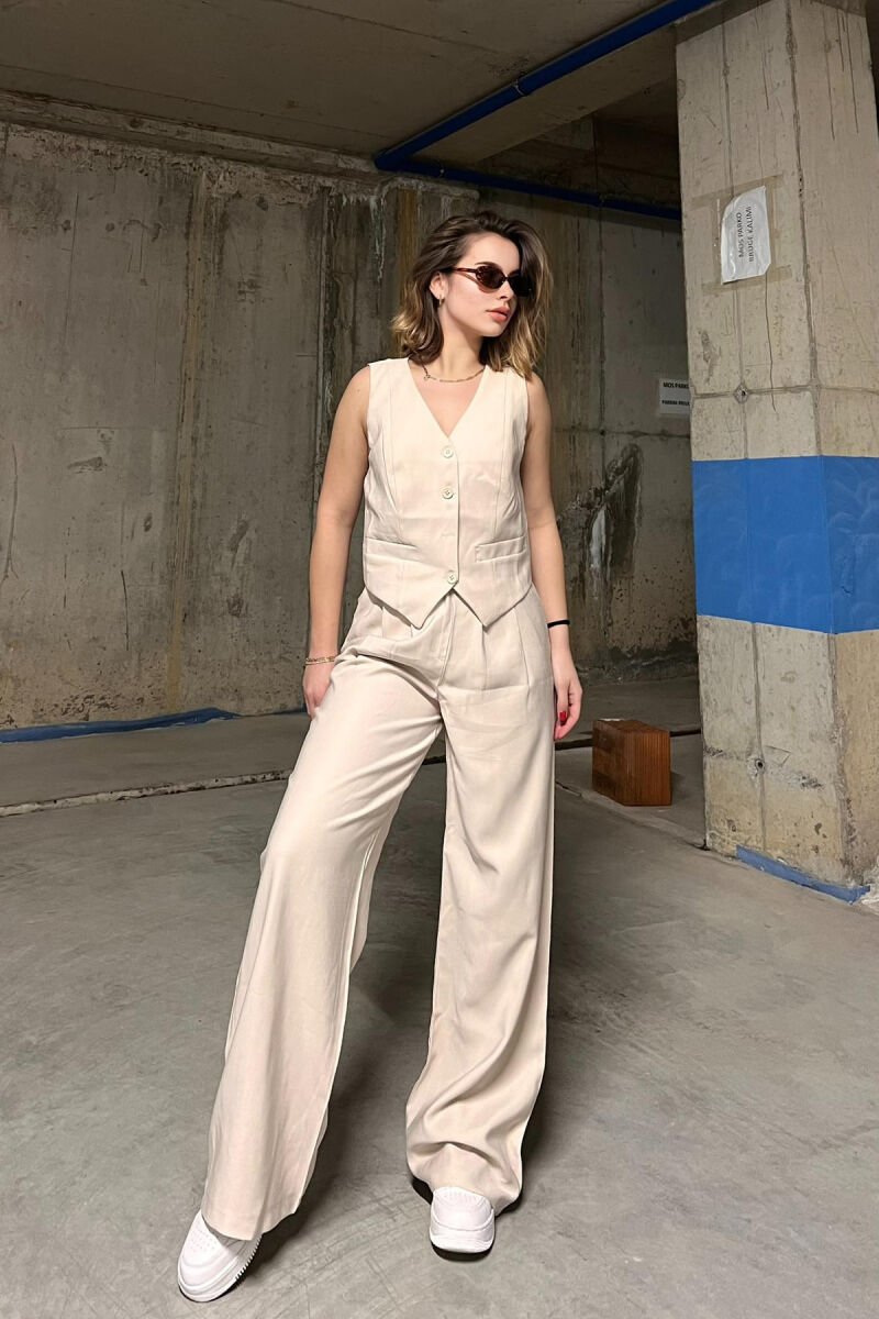 ONE COLOR SIMPLE VEST+TROUSERS WOMEN SET CREAM/KREM - 1