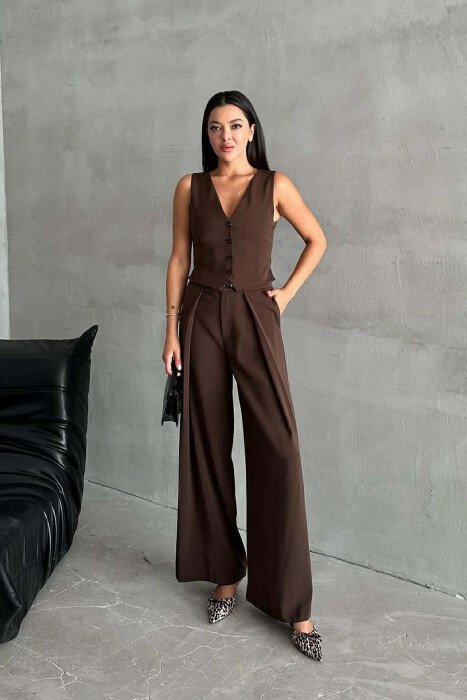 ONE COLOR SIMPLE VEST+TROUSERS WOMEN SET DARK BROWN/KAE - KLAUDIO FASHION