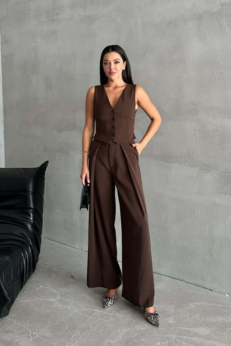 ONE COLOR SIMPLE VEST+TROUSERS WOMEN SET DARK BROWN/KAE - 1