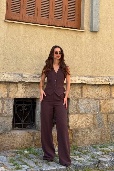 ONE COLOR SIMPLE VEST+TROUSERS WOMEN SET DARK BROWN/KAE - 2