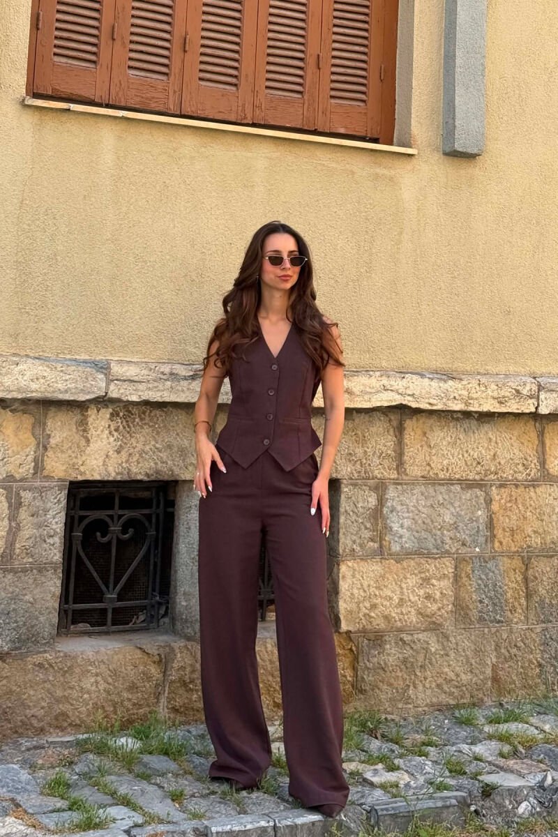ONE COLOR SIMPLE VEST+TROUSERS WOMEN SET DARK BROWN/KAE - 2