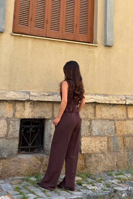 ONE COLOR SIMPLE VEST+TROUSERS WOMEN SET DARK BROWN/KAE - 3