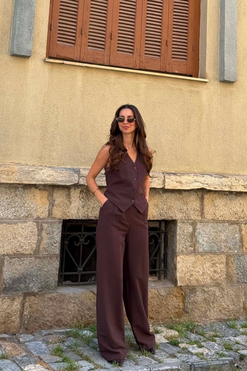 ONE COLOR SIMPLE VEST+TROUSERS WOMEN SET DARK BROWN/KAE - 6