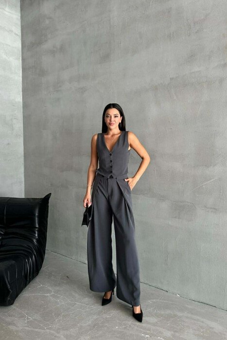 ONE COLOR SIMPLE VEST+TROUSERS WOMEN SET GREY/GRI - KLAUDIO FASHION