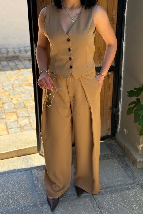 ONE COLOR SIMPLE VEST+TROUSERS WOMEN SET LIGHT BROWN/KAZB - 2
