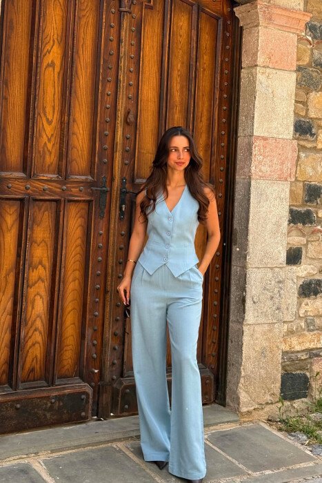 ONE COLOR SIMPLE VEST+TROUSERS WOMEN SET LIGHTBLUE/BZ - 2