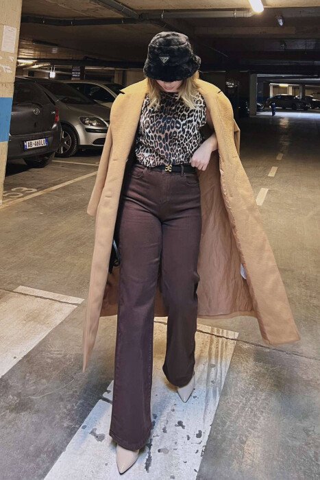 ONE COLOR SIMPLE WIDE LEG WOMEN JEANS BROWN/KAFE - KLAUDIO FASHION