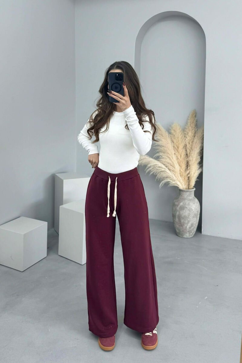 ONE COLOR SIMPLE WIDE LEG WOMEN SWEATPANTS BURGUNDY/VISHNJE - 1