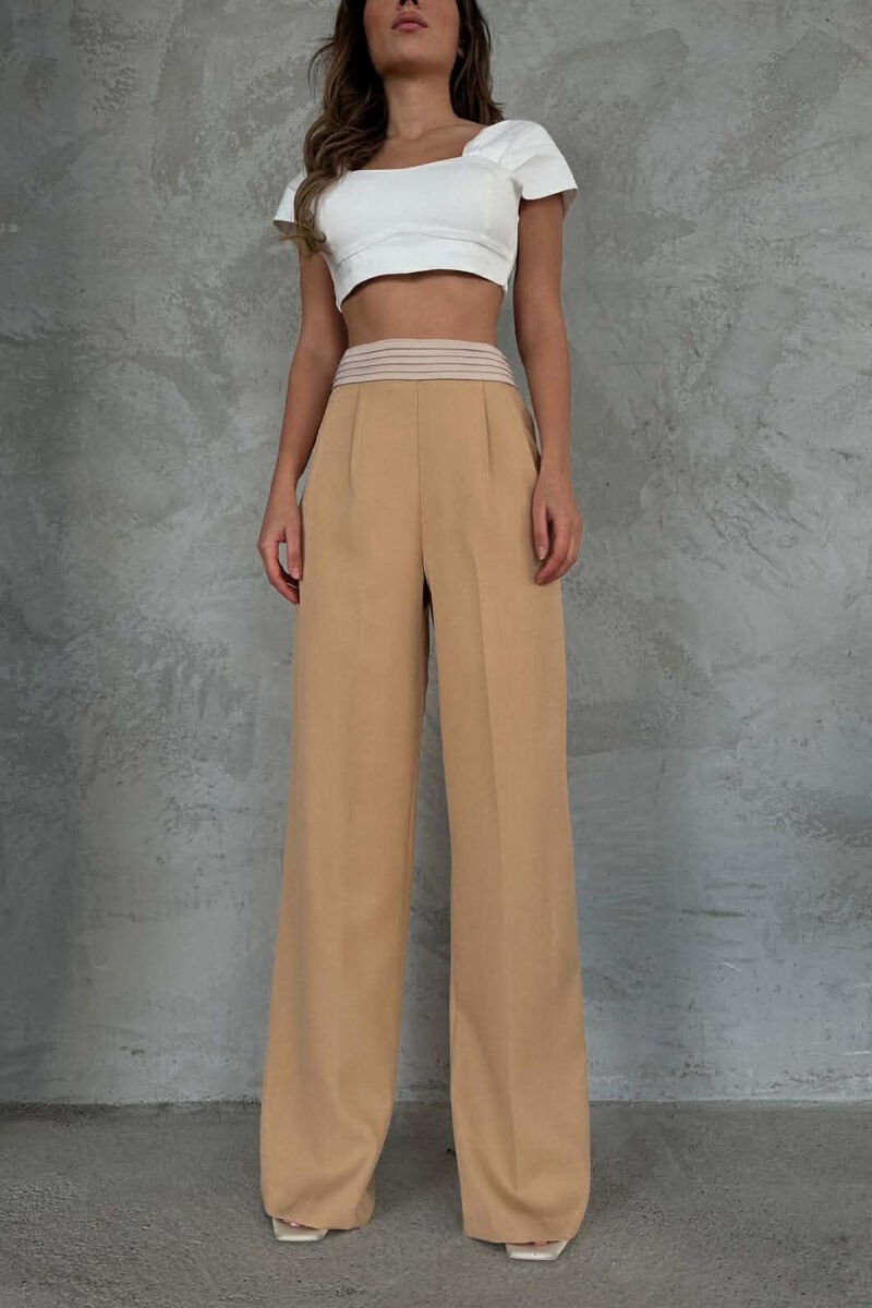 ONE COLOR SIMPLE WIDE LEG WOMEN TROUSERS BEIGE/BEZHE - 1
