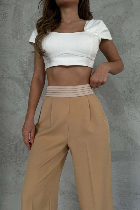 ONE COLOR SIMPLE WIDE LEG WOMEN TROUSERS BEIGE/BEZHE - 2