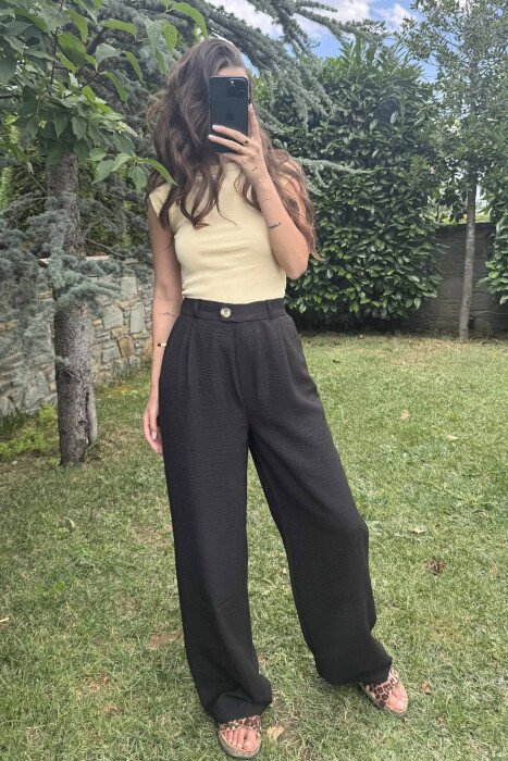 ONE COLOR SIMPLE WIDE LEG WOMEN TROUSERS BLACK/ E ZEZE - 3