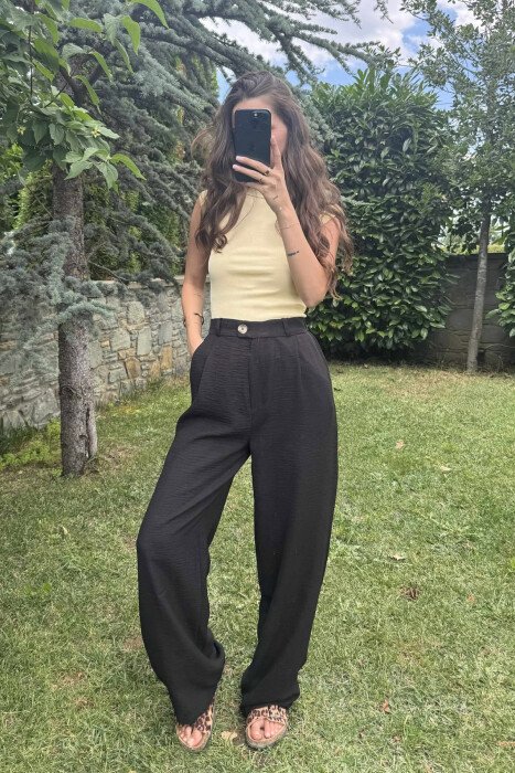 ONE COLOR SIMPLE WIDE LEG WOMEN TROUSERS BLACK/ E ZEZE - 4