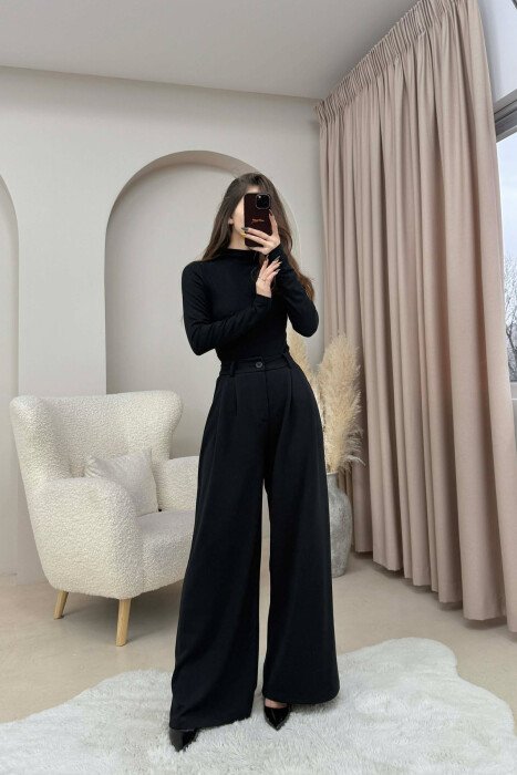 ONE COLOR SIMPLE WIDE LEG WOMEN TROUSERS BLACK/ E ZEZE - 2