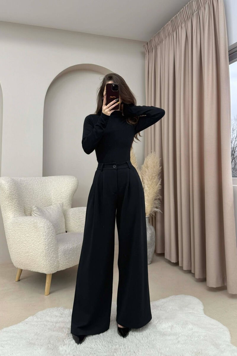 ONE COLOR SIMPLE WIDE LEG WOMEN TROUSERS BLACK/ E ZEZE - 3