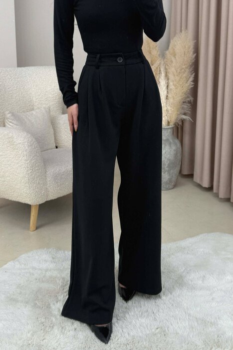 ONE COLOR SIMPLE WIDE LEG WOMEN TROUSERS BLACK/ E ZEZE - 1