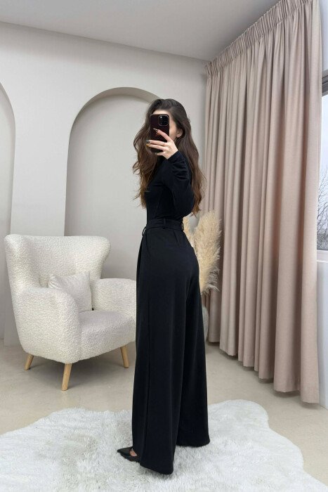 ONE COLOR SIMPLE WIDE LEG WOMEN TROUSERS BLACK/ E ZEZE - 4