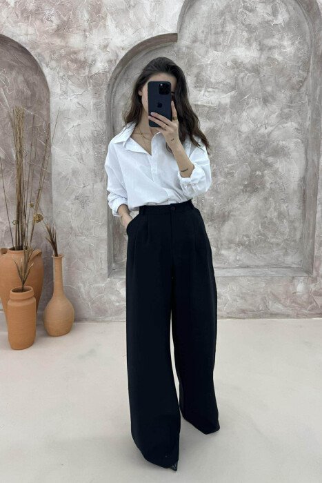 ONE COLOR SIMPLE WIDE LEG WOMEN TROUSERS BLACK/ E ZEZE - 1