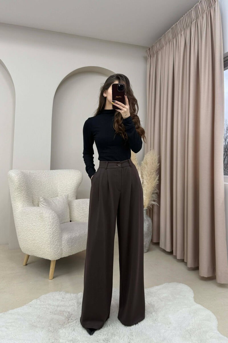 ONE COLOR SIMPLE WIDE LEG WOMEN TROUSERS BROWN/KAFE - 2