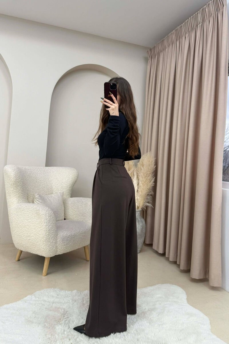 ONE COLOR SIMPLE WIDE LEG WOMEN TROUSERS BROWN/KAFE - 3
