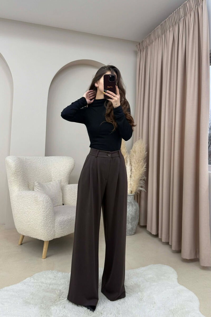 ONE COLOR SIMPLE WIDE LEG WOMEN TROUSERS BROWN/KAFE - 4