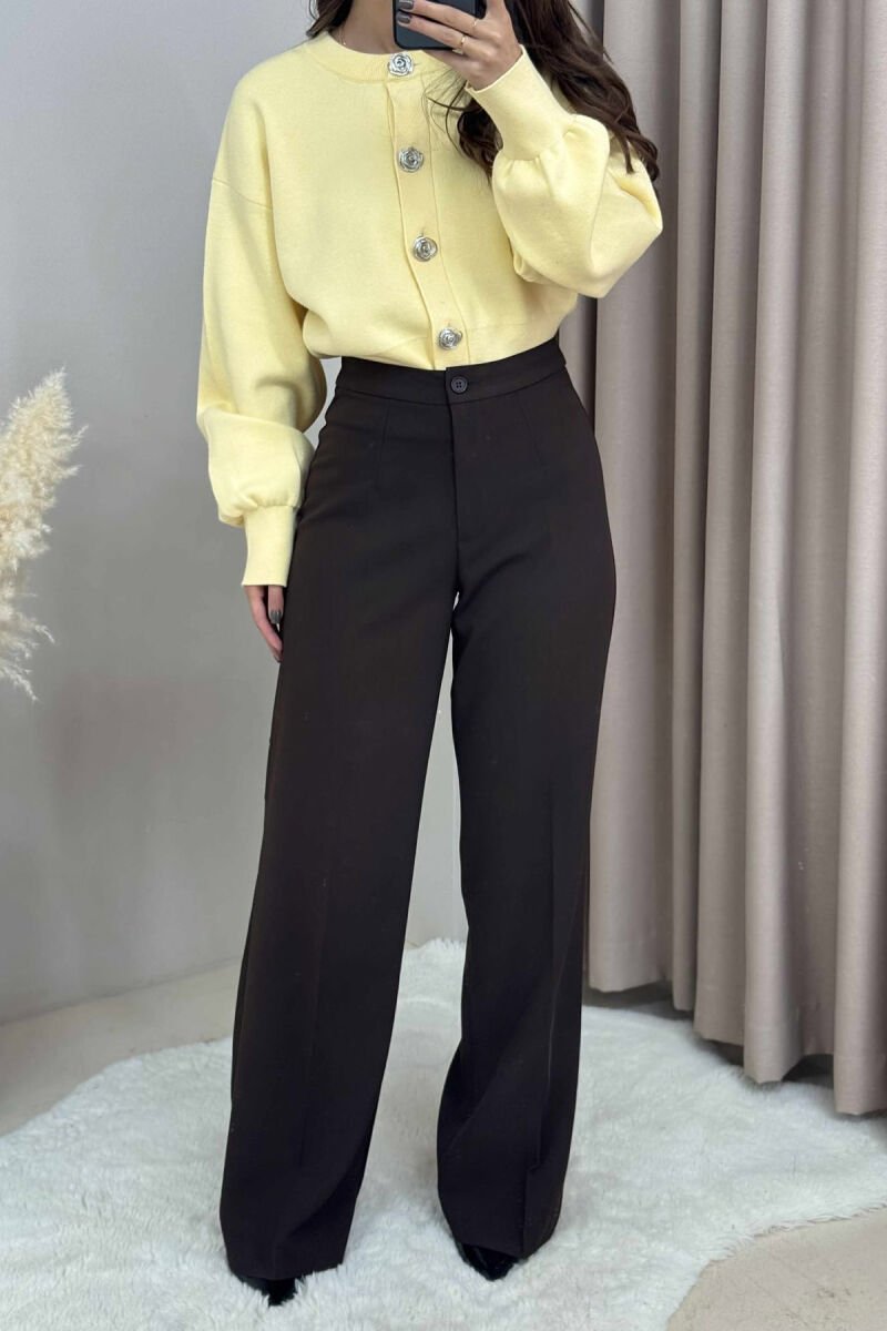ONE COLOR SIMPLE WIDE LEG WOMEN TROUSERS BROWN/KAFE - 1