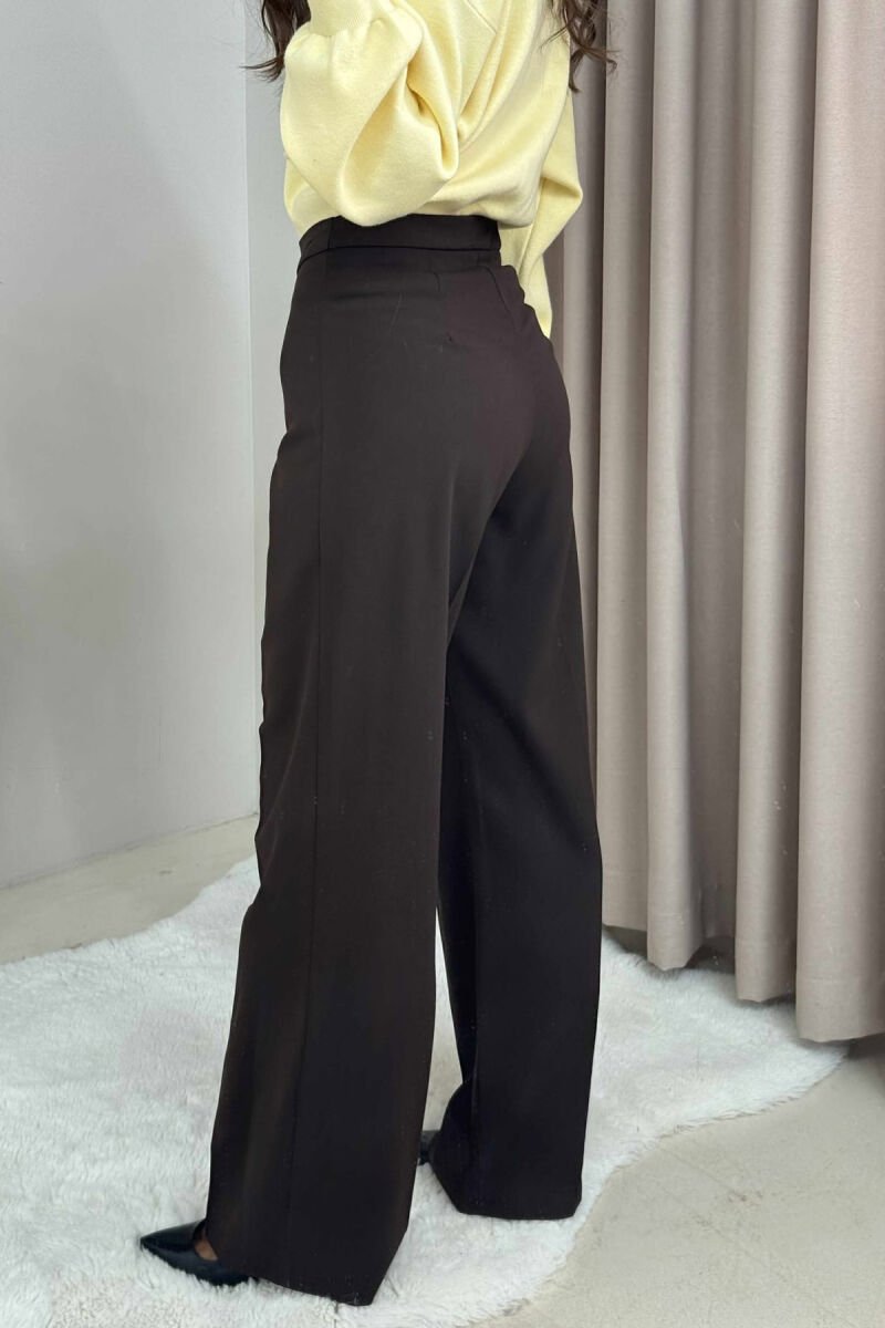 ONE COLOR SIMPLE WIDE LEG WOMEN TROUSERS BROWN/KAFE - 4