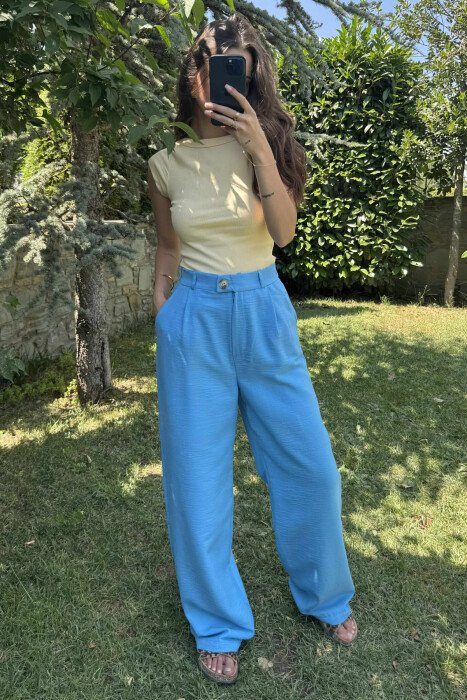 ONE COLOR SIMPLE WIDE LEG WOMEN TROUSERS LIGHTBLUE/BZ - 6
