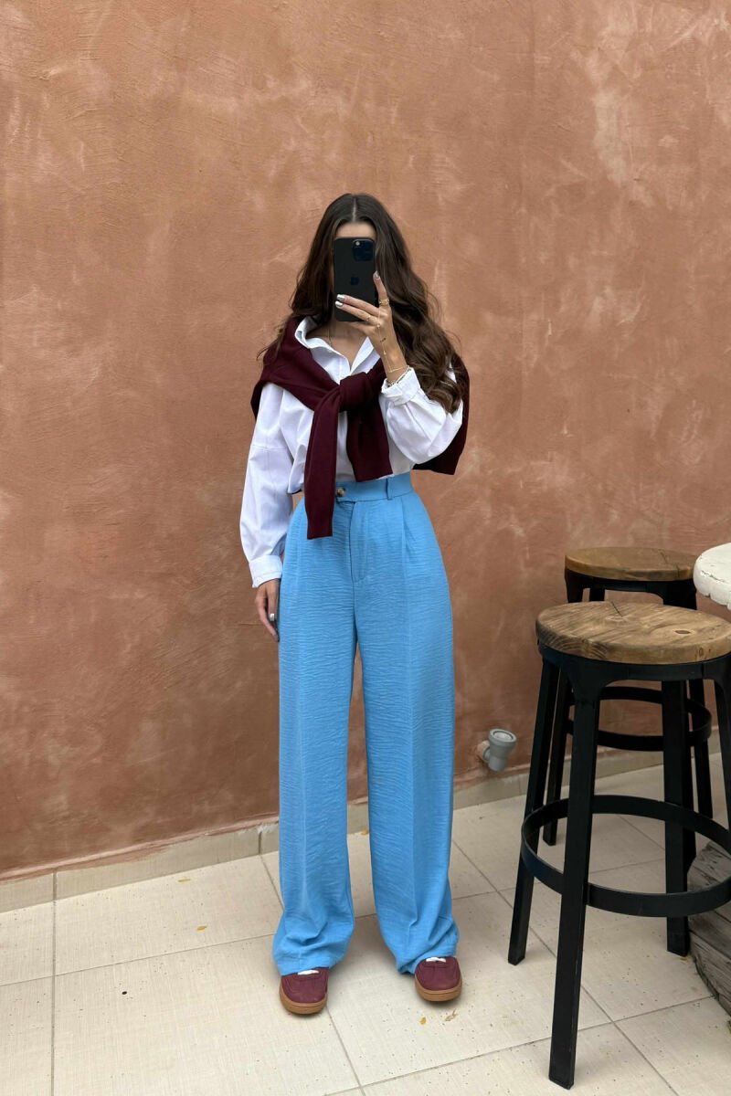 ONE COLOR SIMPLE WIDE LEG WOMEN TROUSERS LIGHTBLUE/BZ - 2