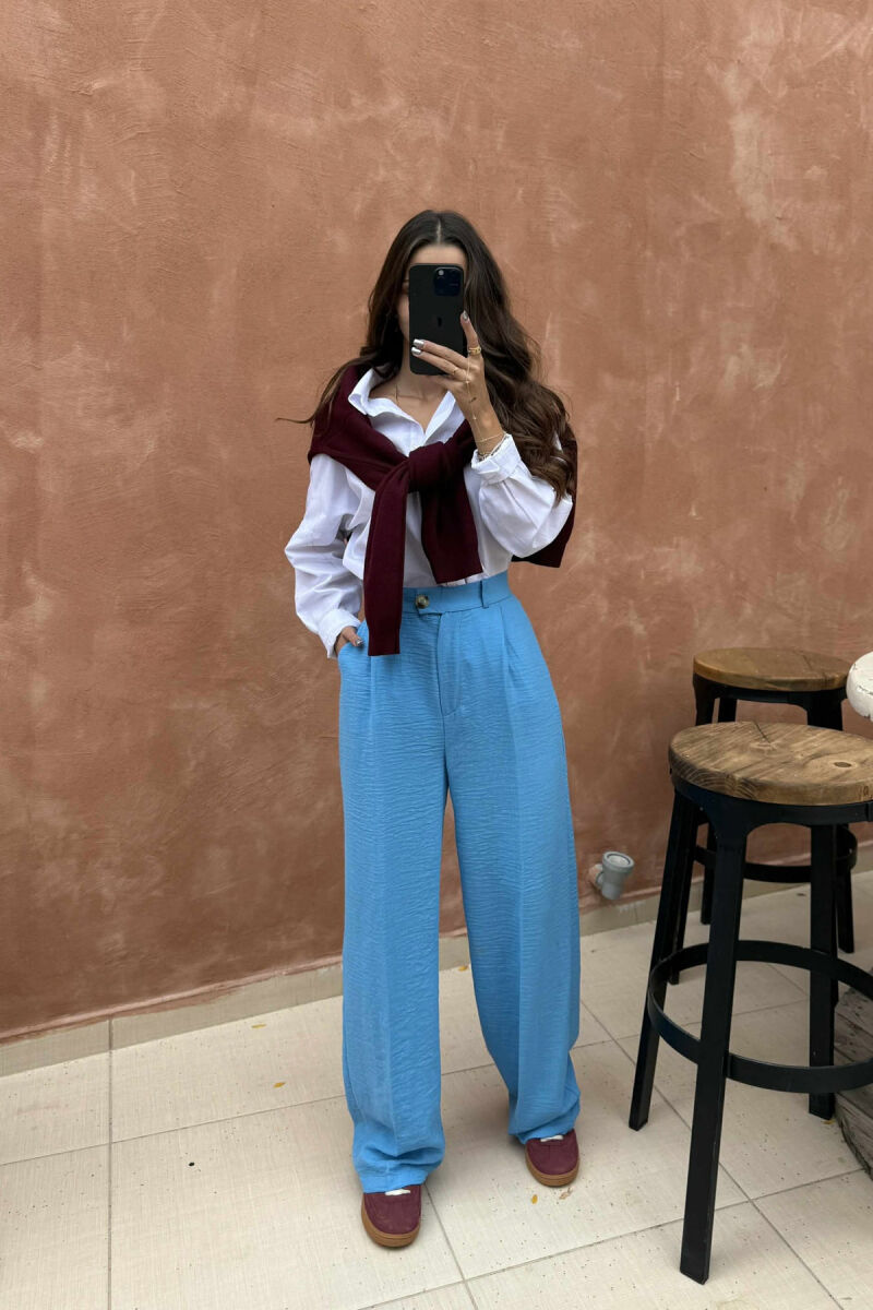 ONE COLOR SIMPLE WIDE LEG WOMEN TROUSERS LIGHTBLUE/BZ - 4