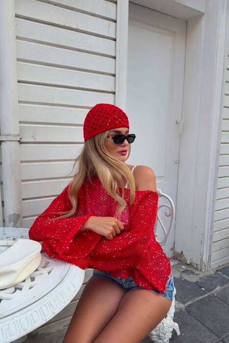 ONE COLOR SIMPLE WOMAN CROCHET HAT RED/E KUQE - KLAUDIO FASHION
