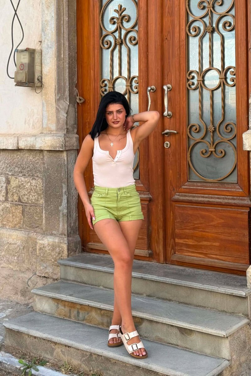 ONE COLOR SIMPLE WOMAN DENIM SHORTS PISTACHIO - 3