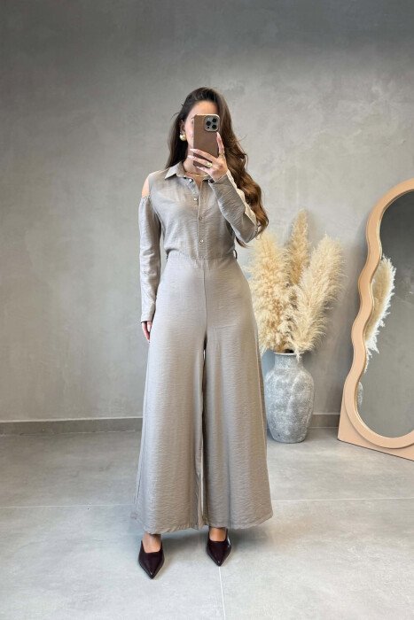ONE COLOR SIMPLE WOMAN JUMPSUIT LIGHT BROWN/KAZB - 