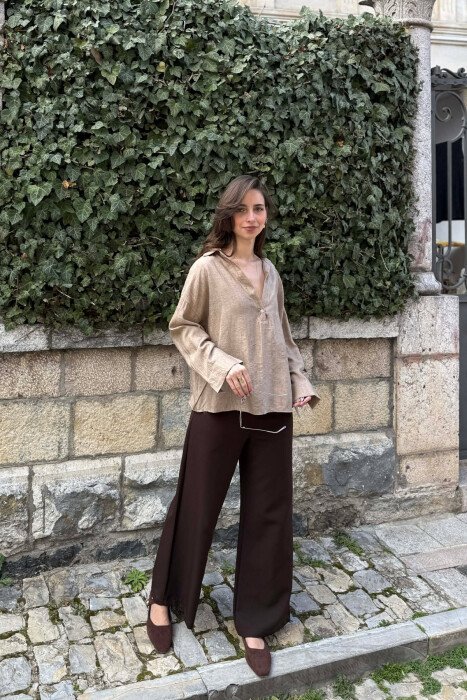 ONE COLOR SIMPLE WOMAN SHIRT LIGHT BROWN/KAZB - 2
