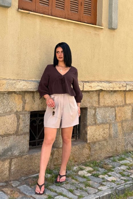ONE COLOR SIMPLE WOMAN SHORTS BEIGE/BEZHE - 3