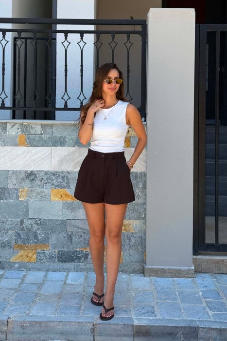 ONE COLOR SIMPLE WOMAN SHORTS DARK BROWN/KAE - 1