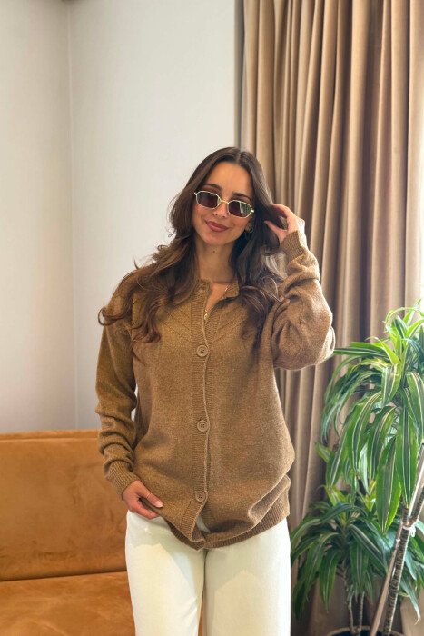 ONE COLOR SIMPLE WOMAN CARDIGAN LIGHT BROWN/KAZB - KLAUDIO FASHION