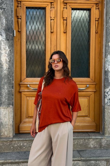 ONE COLOR SIMPLE WOMAN T-SHIRT BRICK/TULLE - 3