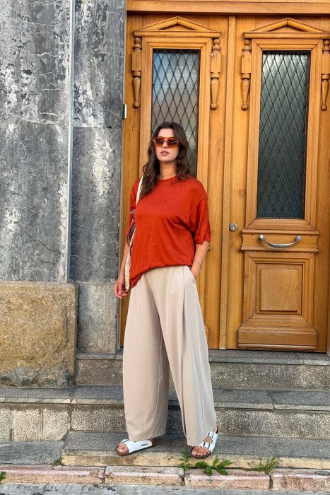 ONE COLOR SIMPLE WOMAN T-SHIRT BRICK/TULLE - 1