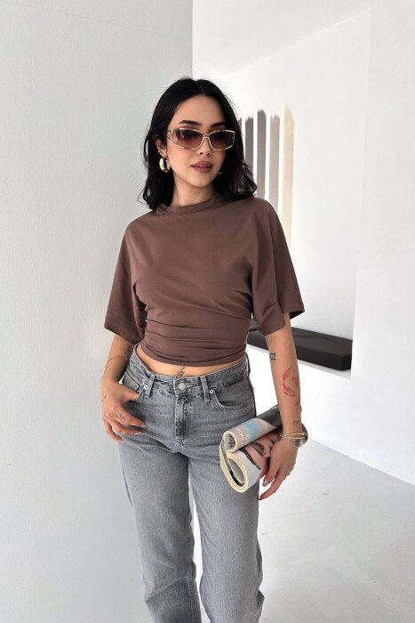 ONE COLOR SIMPLE WOMAN T-SHIRT BROWN/KAFE - KLAUDIO FASHION