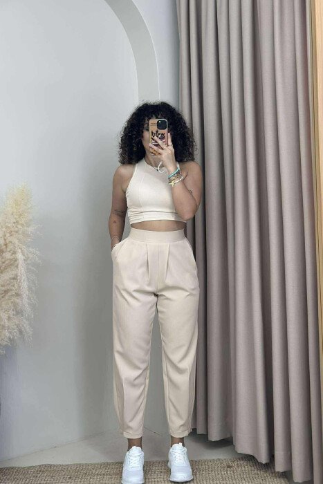 ONE COLOR SIMPLE WOMAN TROUSERS BEIGE/BEZHE - KLAUDIO FASHION
