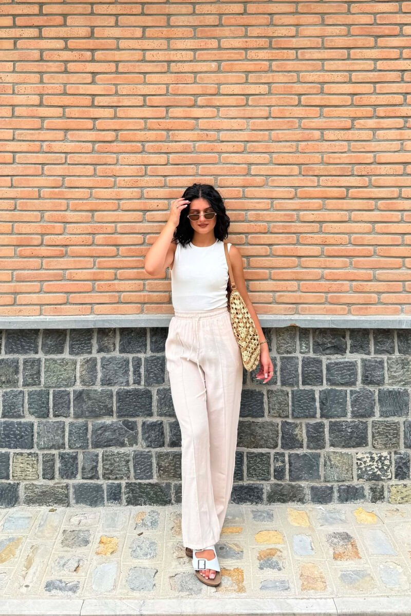 ONE COLOR SIMPLE WOMAN TROUSERS CREAM/KREM - 1