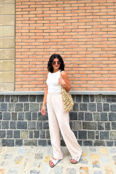 ONE COLOR SIMPLE WOMAN TROUSERS CREAM/KREM - 2