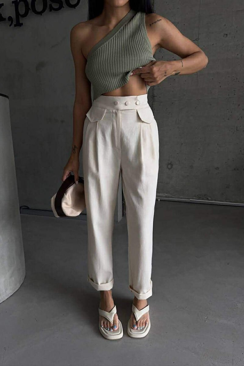 ONE COLOR SIMPLE WOMAN TROUSERS CREAM/KREM - 2