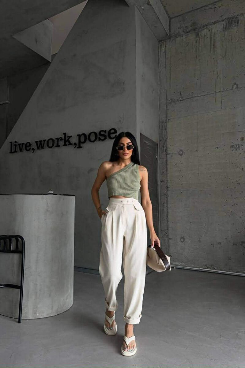 ONE COLOR SIMPLE WOMAN TROUSERS CREAM/KREM - 3