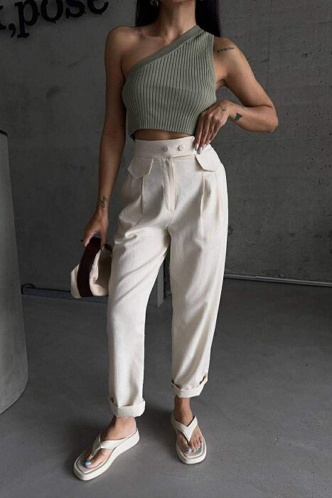 ONE COLOR SIMPLE WOMAN TROUSERS CREAM/KREM - 7