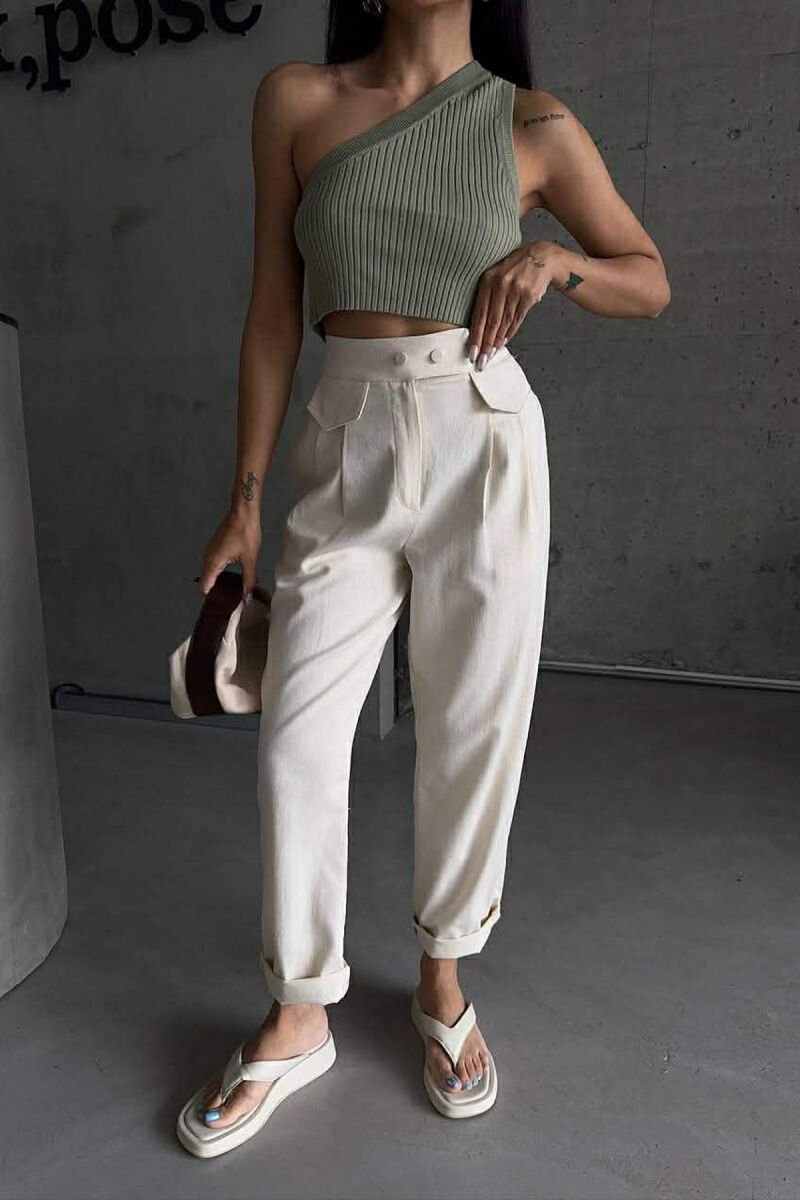ONE COLOR SIMPLE WOMAN TROUSERS CREAM/KREM - 7