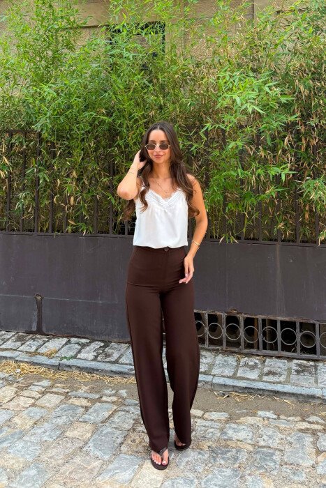 ONE COLOR SIMPLE WOMAN TROUSERS DARK BROWN/KAFE ERRET - KLAUDIO FASHION