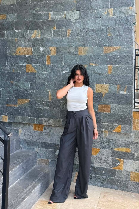 ONE COLOR SIMPLE WOMAN TROUSERS DARK GREY/GEE - KLAUDIO FASHION